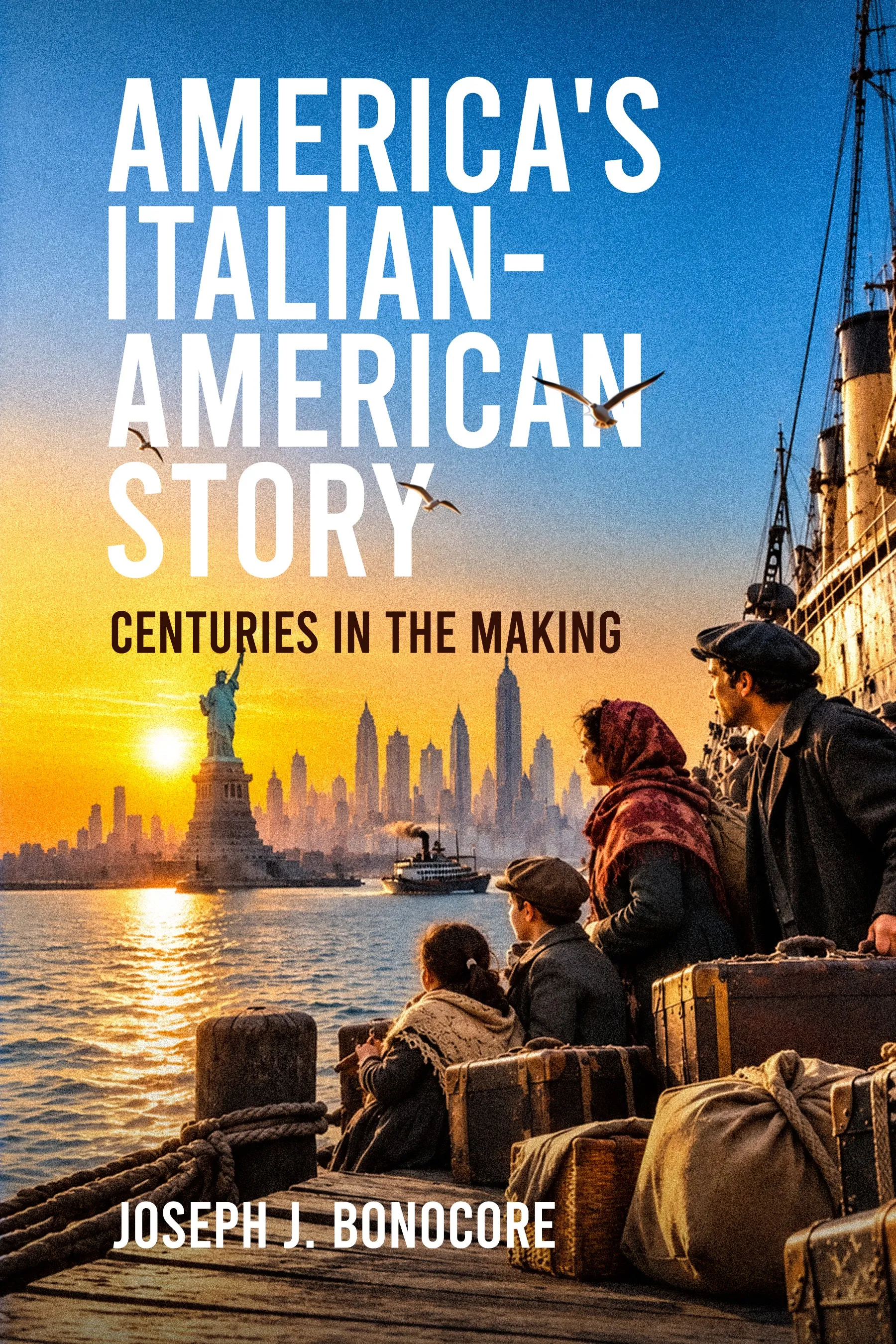 Cover of America's Italian-American Story by Joseph J. Bonocore, showing an immigrant family on a pier facing the Statue of Liberty at sunset